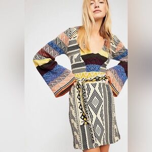 FREE PEOPLE IVORY COMBO BELL SLEEVE PATCHWORK SWEATER DRESS Large boho